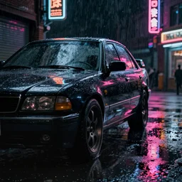 an extremely high quality hd film still of a rainy neon - lit car scene in a movie, raytraced puddles reflecting neon light, rain on windscreen, dark, night, high contrast, oled blacks, neon signs on dark brick buildings, wet tyres, reflective bonnet with rain, water running down the car, reflections, specular, moody, 8 k film photography, 8 5 mm