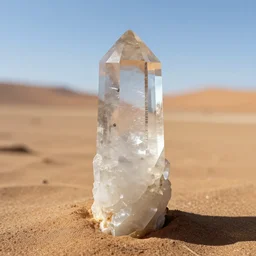 prismatic quartz crystal emerging from the namibian desert, at high noon, high detail, by frederic church, by kent monkman, by caspar david friedrich