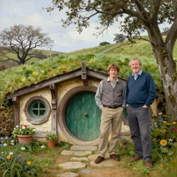 Richard Schmid and Jeremy Lipking full length portrait painting of a cozy hobbit house in the shire