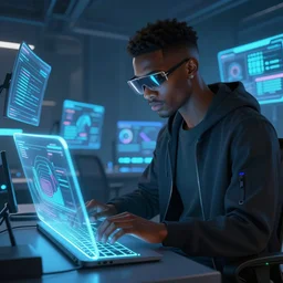 handsome black genius hacking the metaverse, holographic keyboard, curved digital displays, urban interior, electric blue glowing lights, highly detailed, digital painting, artstation, concept art, smooth, sharp focus, illustration, art by wlop, mars ravelo and greg rutkowski