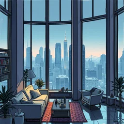cyberpunk loft lounge with tall windows, no people, city in background, drawn by feng zhu