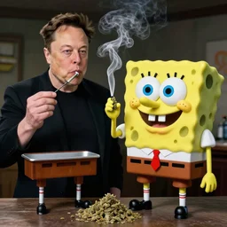 Elon Musk and SpongeBob smoking weed ,4K, quality, realistic