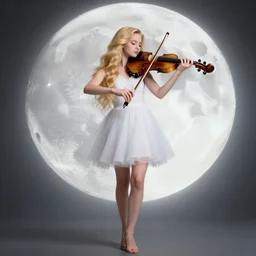 teen, cute, full body, a female with white skin and golden long wavy hair holding a violin and playing a song, heavenly, stunning art style, filters applied, lunar time, night sky, trending art, sharp focus, centered, landscape shot, fate zero, fleeting dream, simple background, studio ghibly makoto shinkai yuji yamaguchi, by wlop