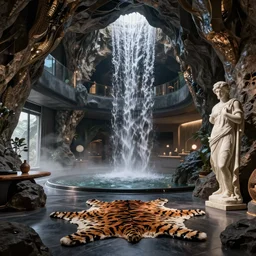 a futuristic apartment interior in the style of a waterfall cave, tiger skin carpet, Greek marble statue, high ceiling, dark moody lighting, foggy atmosphere, 16mm lens, by Craig Mullins and frank lloyd wright, octane rendering