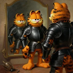 garfield in a black armour, in front of a mirror in the style of an old painting