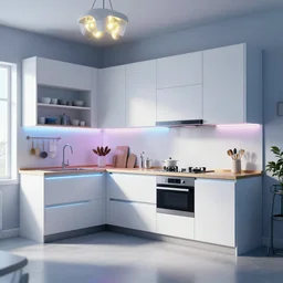 IKEA catalogue photo, high end farm house style kitchen, cyberpunk with neon lighting, purple, cyan, orange, organic, vines by Beksiński