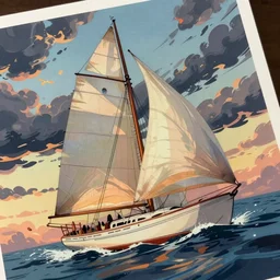 illustration, sailboat, dynamic composition, detailed, matte print, dynamic perspective, colorful modern, by vladimir kush