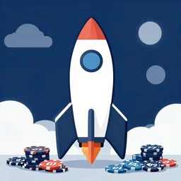 a frontal drawing of a rocket centered with a dark blue background and clouds and casino chips by inio, beeple and james jean, aya takano color style, trippy, 4 k, super detailed, night sky, digital art, digital painting, clean
