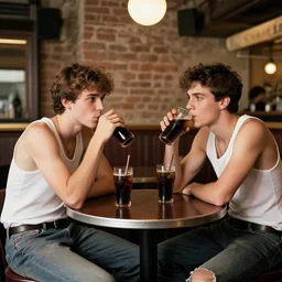 2 young guys wearing tank tops sitting around a round table in a bar, drinking coke, by toulouse lautrec