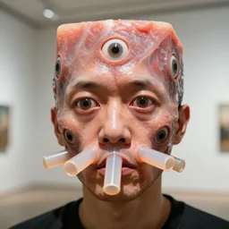 a perfect colour horrifying portrait photograph of a man with 7 3 eyes. tubes emerging from his nostrils and mouth. head expanded to a perfect cube, covered in translucent beef. perfect focus, studio lighting, gallery setting. inspired by chinese nuclear weapon launching