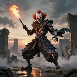 portrait of a diabolical cyborg clown samurai kabuki with a flamethrougher, torn cape, dynamic pose, glowing eyes, ancient ruins, glowing veins subsurface scattering, in clouds, sunset, portrait, by gerald brom, by mikhail vrubel, by peter elson, muted colors, extreme detail, reflections, trending on artstation, 8 k