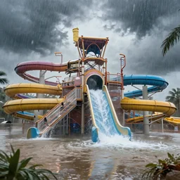 flooded waterpark with water slides during hurricane, digital art, epic composition, highly detailed, cinematic lighting