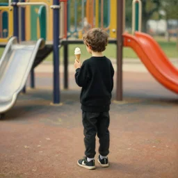 boy with ice cream in the playground, black clothes, away from the camera, in leyendecker painting style s - 2 0