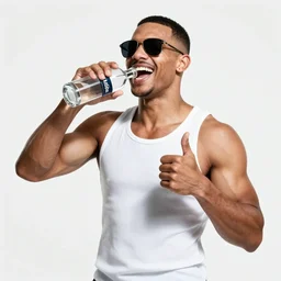 duke nukem wearing a tank top, sunglasses, drinking vodka, doing a thumbs up gesture, laughing at his house being on fire, high quality, very detailed, a beautiful photo, national geographic quality