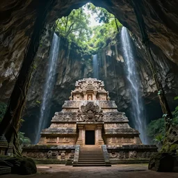 Mayan temple inside an enormous vast cave with huge trees, cenote, vines, waterfall. highly detailed, photographic, realistic, awe-inspiring, menacing, ornate, establishing shot, dramatic, cinematic