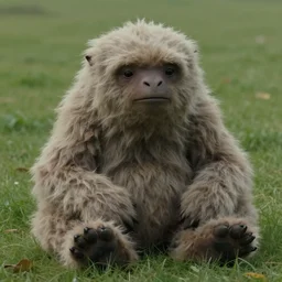 a strange huge fluffy furry organic shaped creature sits on the grass field, film still from the movie directed by denis villeneuve with art direction by zdzisław beksinski, close up, telephoto lens, shallow depth of field