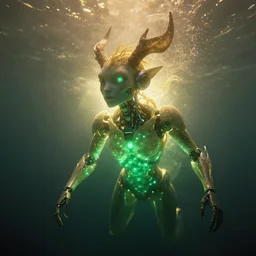 ( underwater ) portrait of a glowing cyborg leshy, cinematic light, looking to the side off camera, backlight glow, green gold, mist, by mikhail vrubel, by philippe druillet, by peter elson, by gerald brom, muted colors, extreme detail, trending on artstation, 8 k