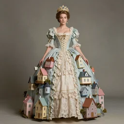 a lady with a maximalist imperial long dress made of houses. soft pastel tones. matte background