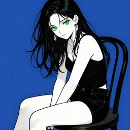 gorgeous woman with green eyes, wearing black shorts, silver earring, sitting on a chair, in the style of greg rutkowski, black and blue colors, anime artstyle, intricate