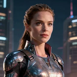 VFX movie closeup portrait of a futuristic inhuman alien hero woman in spandex armor in future city, hero pose, beautiful skin, night lighting by Emmanuel Lubezki