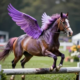 action shot from a distance of 2 0 m of a appaloosa horse which has has graceful periwinkle color wings, saturated colored mane. the horse is at a steeplechase event, professional, high quality, 4 k, dof, bokeh, action, dramatic lighting, digital art
