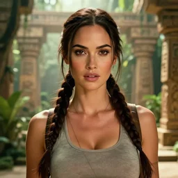 film still of!!!! megan fox!!! as lara croft in new tomb raider movie, closeup portrait, aztec temple in the jungle, octane, mist, volumetric lighting, 8 k