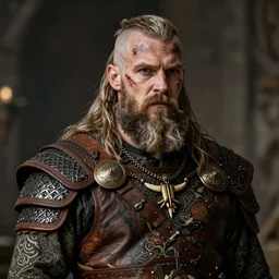 a cinematic view of wide photo from a very ornated old priest viking, half shaved haircut, showing nordic tattoos in the chest, scars in the face, long beard, using leather armour with necklace of teeth, marvelous expression, photorealistic, volummetric light, detailed, texturized, zeiss lens high professional mode