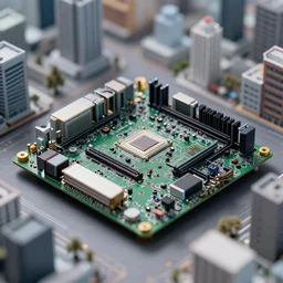 computer [ [ motherboard ] ]. the closer you look, the more it looks like a living miniature [ city ]. tilt shift lens f 1. 4. 8 k