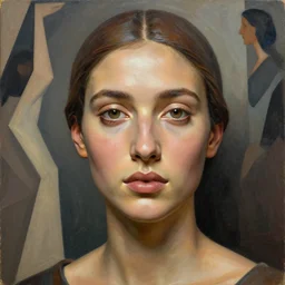 detailed portrait in femininity, realistic face sculpted features, ethnic, exotic, arabic, clear eyes, statuesque, warm glowing skin, chiaroscuro, tangible, angular impressionism, arabesque backdrop, contemporary, modern fashion, natural colors, greg rutkowski and gaston bussiere and craig mullins and j. c. leyendecker