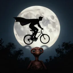 superman riding a bike across the full moon as silhouette, from the movie e. t. the extra terrestrial, with dark trees in foreground, cinematic frame, hd