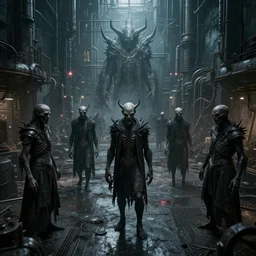 evil souls being mass - produced in cyber gothic industrial complex, advanced, fantastic reality, 8 k resolution