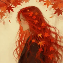 person with super long hair, hair becoming autumn red leaves, digital painting, art by artgerm and greg rutkowski and alphonse mucha