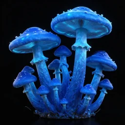 a group of blue mushrooms on a black background, an ambient occlusion render by earnst haeckel, featured on zbrush central, psychedelic art, bioluminescence, luminescence, psychedelic