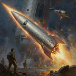 ''cinematic shot of an spaceship being hit by a rocket and has to evacuate from the ship made by ivan aivazovsky, peter mohrbacher, greg rutkowski volumetric light effect broad light oil painting painting fantasy art style sci - fi art style realism premium prints available artwork unreal engine