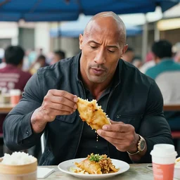 dwayne johnson as indonesian wearing simple jacket eating bakso on street food, culinary blog, candid