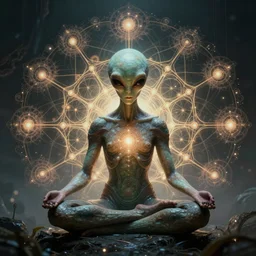 An ancient alien meditating and conjuring fractal web circuits. Beautiful lighting, highly detailed visionary art, trending on artstation. Made with photoshop.