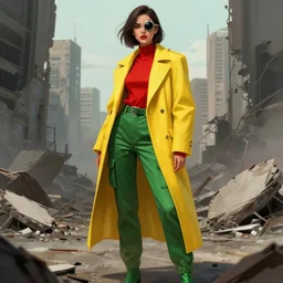 character desingn beautiful woman cybersoldier wearing a monocle, red top, green cargo pants, long tailored yellow coat in a ruined city by artgerm, jparked, tyler edlin, artstation, intricated, detailed, fashion shoot, octane rendered, greg rutkowski