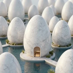 highly detailed 3 d render cinematic composition of a beautiful lot of white egg shaped buildings are fused together in the calm water,, marble, stone, magnesium, archviz, vincent callebaut composition, mamou - mani, beautiful lighting, hyper detailed, 8 k, unreal engine, hdr, dof