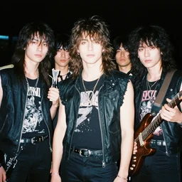 flint william russel painting of an anime metal band photo, direct flash photography at night, film grain