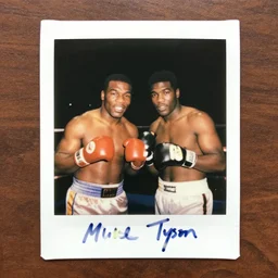 photograph of Mike Tyson boxing Mohammed Ali round 12 heavy weight championship, taken on instant film polaroid, signed by mike tyson and mohammed ali