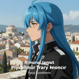 side profile of rimuru tempest crying with sky blue hair, long hair, gold eyes, black jacket with white stripes and a high collar | highly detailed, greek city in the background, professional digital painting, digital art, concept art, award - winning photography, cinematic, wlop | art by pixiv art, ilya kuvshinov, yoshitaka amano