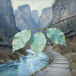 a gorgeous painting by barlowe wayne maxfield parrish and marco mazzoni. a very close - up shot on a branch with 3 leaves!! zhangjiajie mountain village!! morning, light effect. grey blue and light verdancy. the river ice is melting. the winding stone steps. ultra clear detailed. hd. 3 d, octane render. 8 k