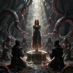 cultist circle sacrifice young woman on altarstone, dnd fantsay art, arkham horror, evil fluid, tentacles, creepy, by greg rutkowski