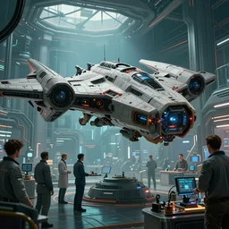 ( cyberpunk 2 0 7 7, bladerunner 2 0 4 9 ) amazing clear background, scientists creating an artificial alien highly detailed futuristic biomechanical thick quad wing combat spaceship a lab, 8 k, photo, octane render, photorealistic, art by john collier and albert aublet and krenz cushart and artem demura and alphonse mucha,