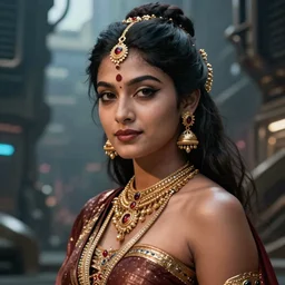 a high detailed  ultrealistic portrait of a sexy female model with hindu feautures cyberpunk in a dystopian world