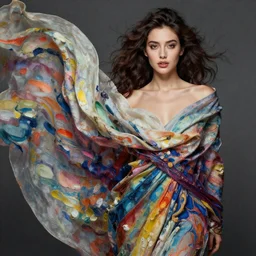 photo of a gorgeous young woman in the style of Guy Denning, draped in flowing fabric, colorful impasto brush strokes, realistic, sharp focus, 8k high definition, insanely detailed, intricate, elegant, art by Guy Denning and Jeremy Mann