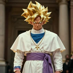 the pope going super saiyan level 3, photorealistic 1 9 8 0 s cinematic image