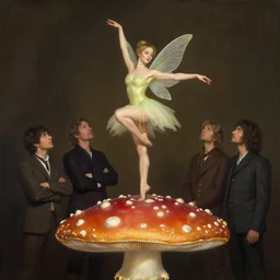 masterpiece full body portrait of a fairy woman with a perfect body dancing atop a giant amanita muscaria mushroom cap, by Edgar Maxence and Ross Tran and Michael Whelan and Gustav Klimpt