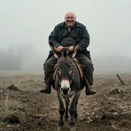 movie still by tarkovsky of an happy giant obese old bald man wear dark clothes riding a donkey, technicolor, heavy grain, high quality, noir, natural textures, photorealistic, ambient occlusion, hd, mud, fog, ultra wide lens, anamorphic