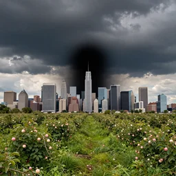 the city skyline disappearing into a black hole behind an apple field